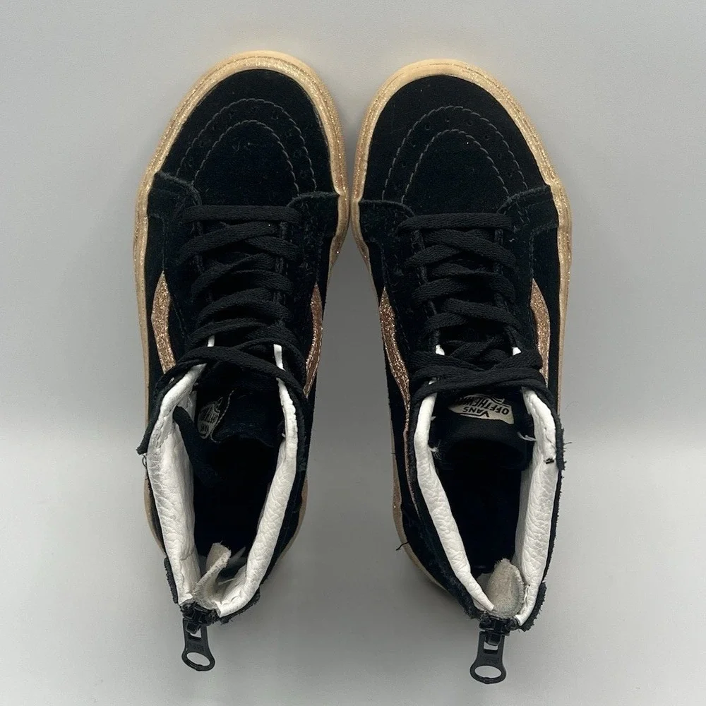 Vans Sk8-Hi Black Gold Zipper High Top Shoes -‎ Kids Girls Size 13.5 USED